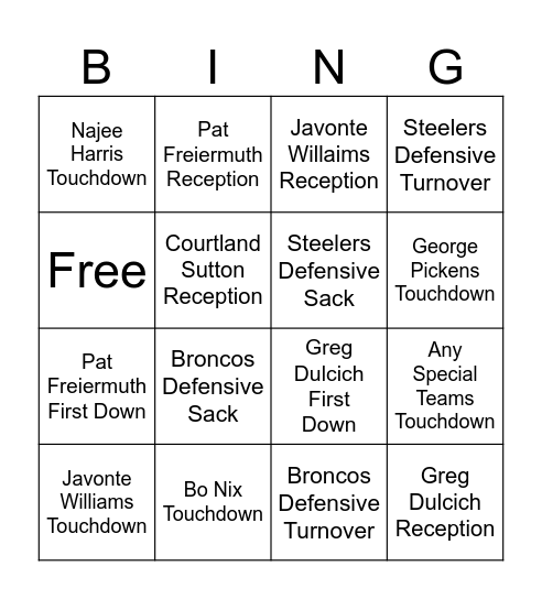 Steelers vs Broncos Bingo Card