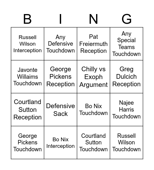 Broncos vs Steelers Bingo Card