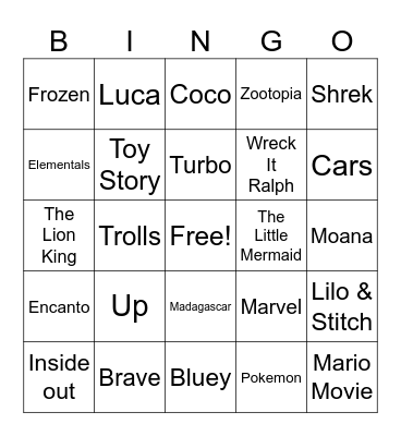 Disney Movies Bingo Card