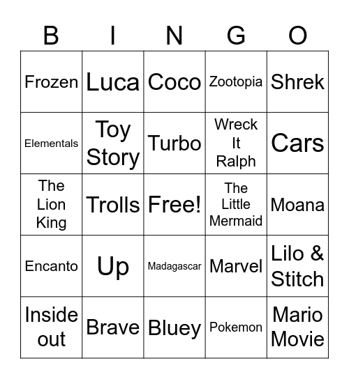 Disney Movies Bingo Card