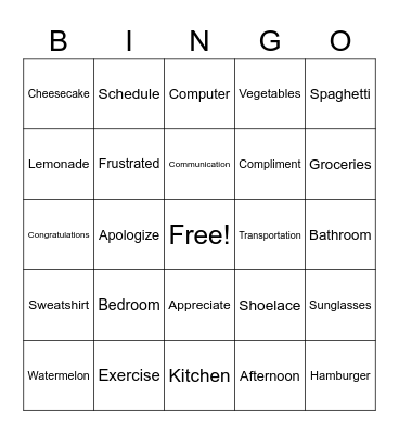 Word Bingo Card