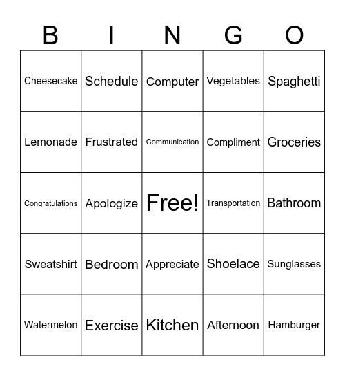 Word Bingo Card