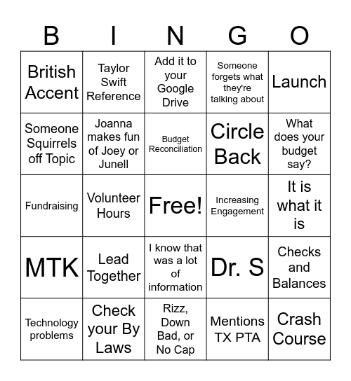 PTA Training BINGO Card