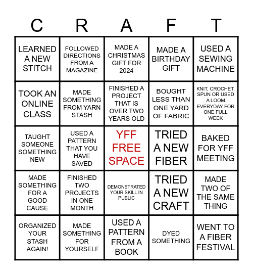 Yankee Fiber Friends Bingo Card