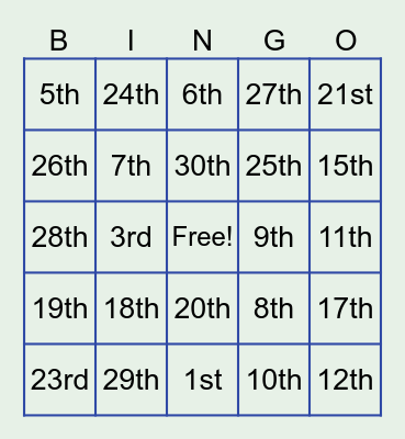 Ordinal Numbers Bingo 1st-31st Bingo Card