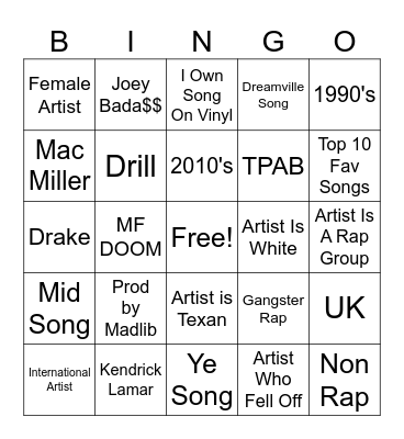 RAP SONGS>>>>>> Bingo Card