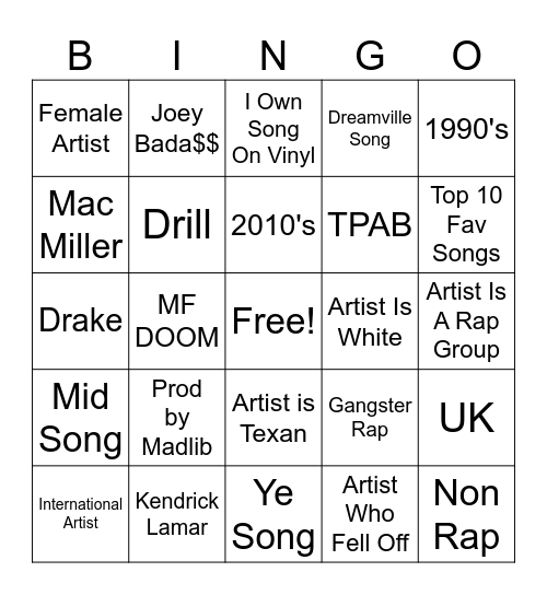 RAP SONGS>>>>>> Bingo Card