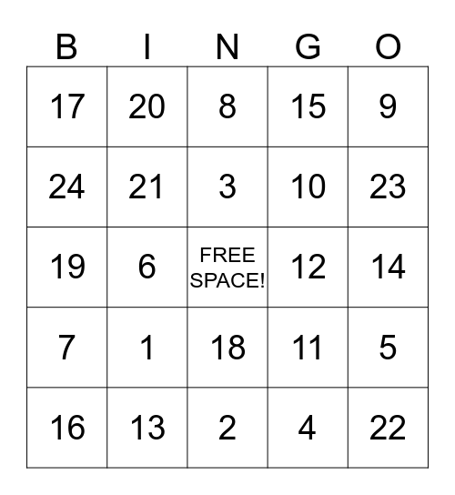 NUMBER BINGO! Bingo Card