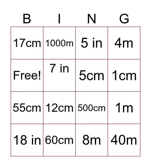 Measuring bingo Card