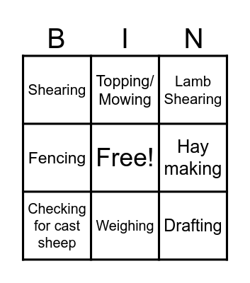 Sheep Farming Jobs Bingo Card