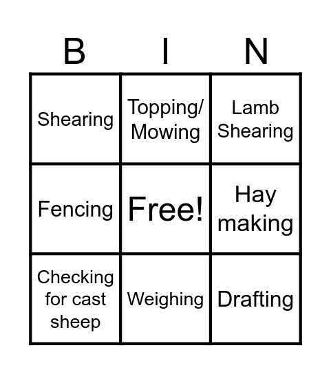 Sheep Farming Jobs Bingo Card