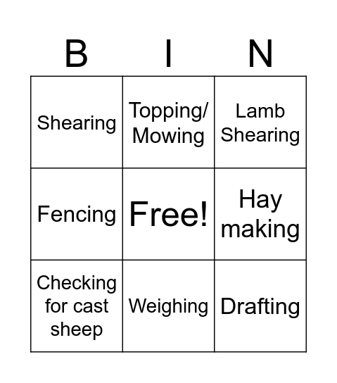 Sheep Farming Jobs Bingo Card