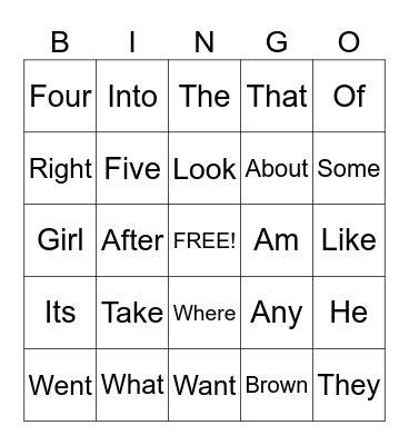 Sight Words Bingo Card