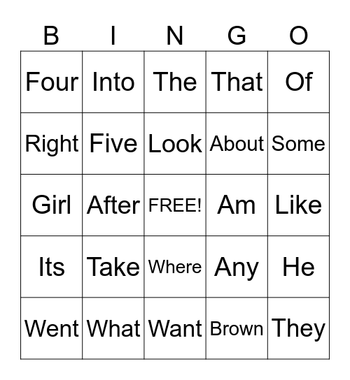Sight Words Bingo Card