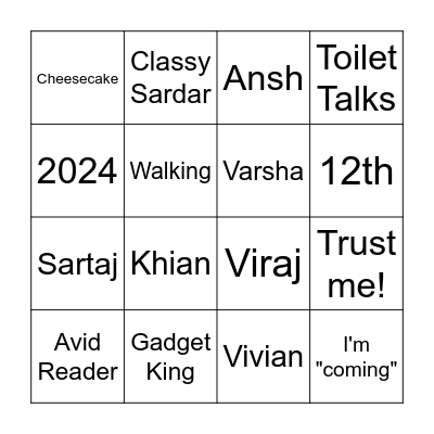 Tej's Fifth Inning Bingo Card