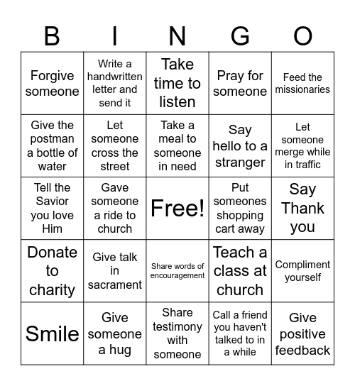 Kindness Bingo Card