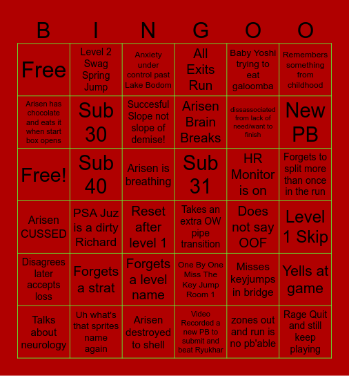 Invictus Any% Speedrun's Bingo Card