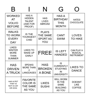 Get to Know Each Other Bingo Card