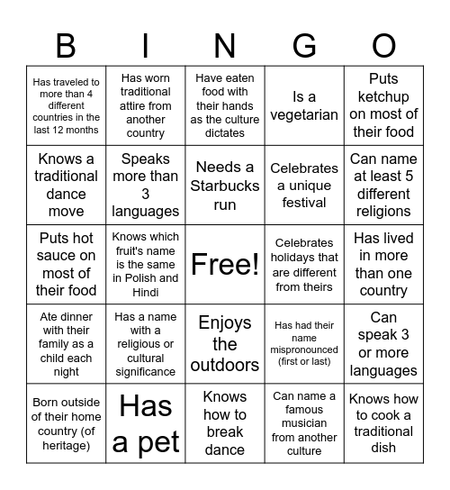 Cultural Diversity Bingo Card