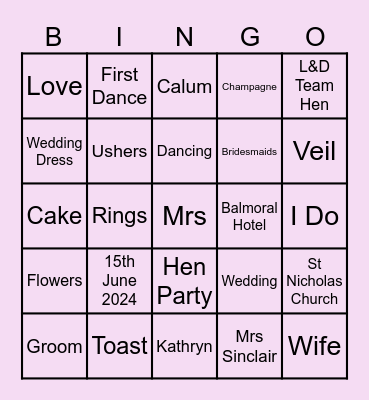 Kathryn's L&D Hen Do Bingo Card