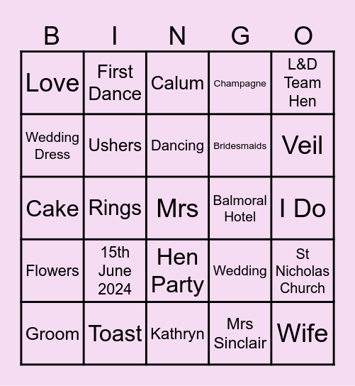 Kathryn's L&D Hen Do Bingo Card
