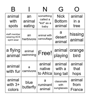 Franklin Park Zoo Trip Bingo Card