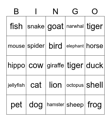 animals Bingo Card