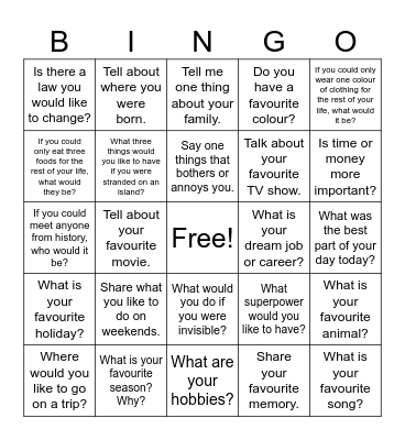 Last Conversation Class Bingo Card