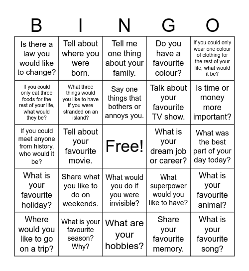 Last Conversation Class Bingo Card