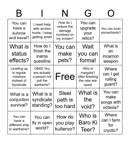 WAR-frame Bingo game Bingo Card