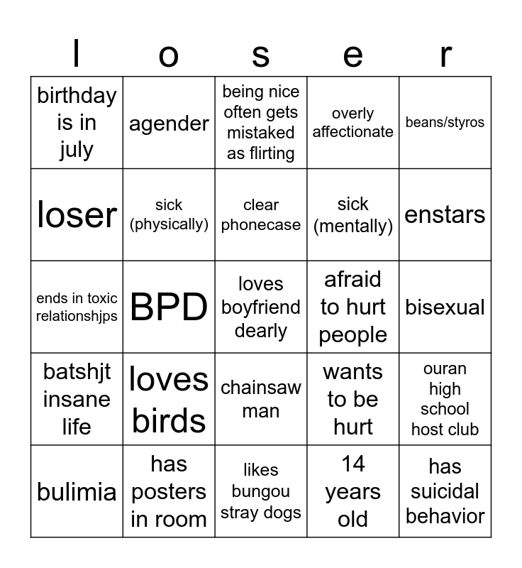 loser Bingo Card