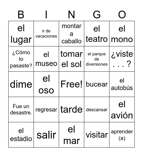 8A DE VACACIONES Bingo Card