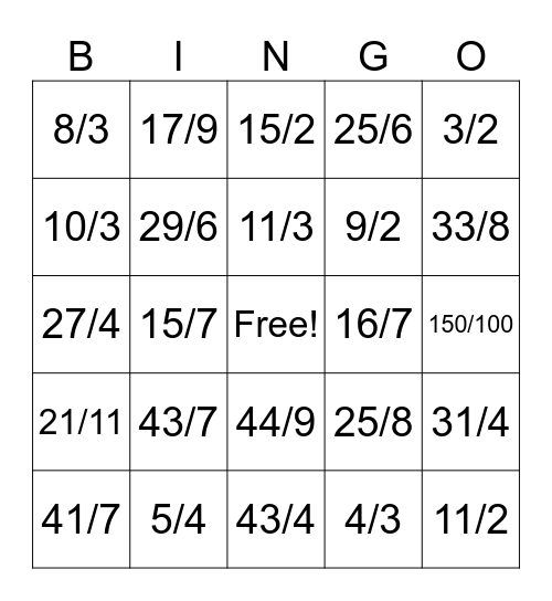 Fraction BINGO Card