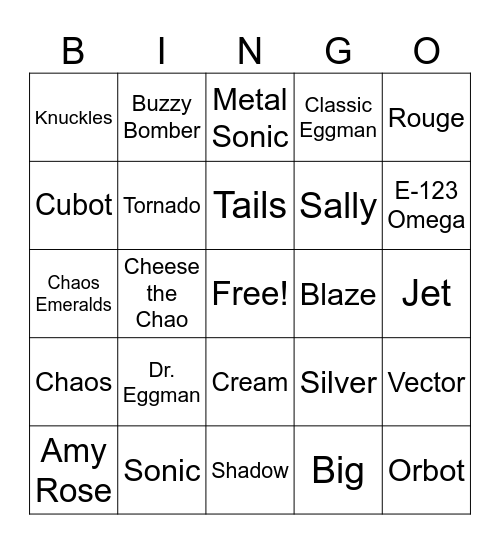 Sonic Bingo Card