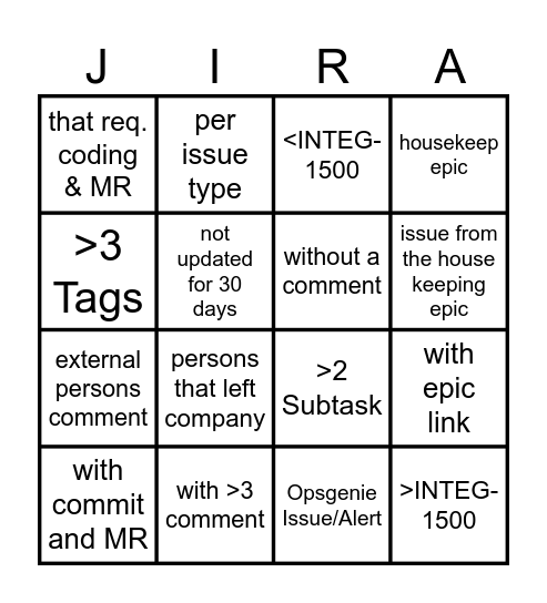 Jira Cleanup Bingo Card