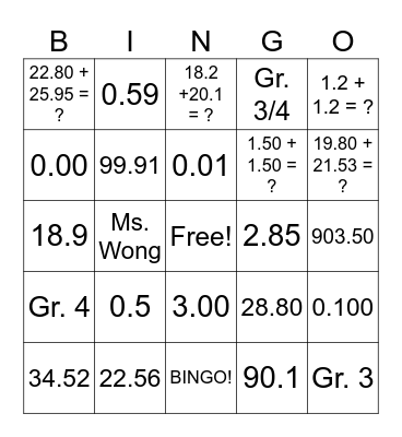 Decimal Bingo Card