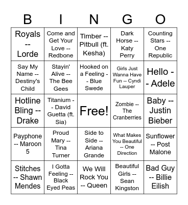 Hit Songs 2 Bingo Card