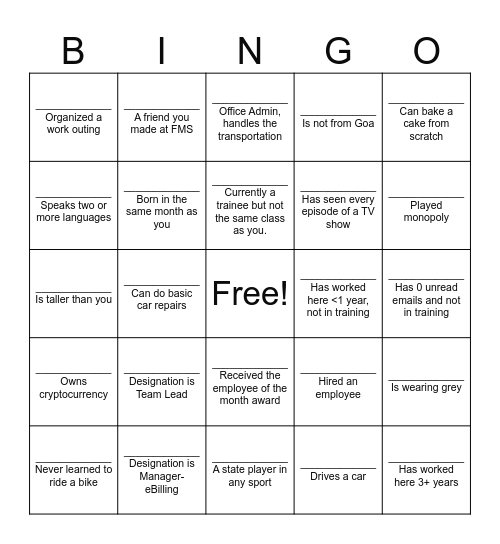 New Hire Bingo Hunt Bingo Card