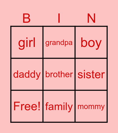 family bingo Card