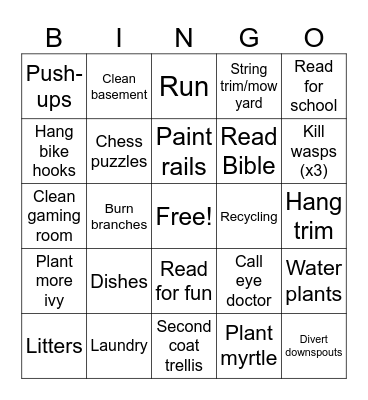 Nathanael's Tuesday Bingo Card
