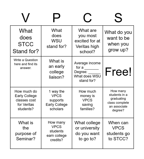 Early College Bingo: Veritas Edition Bingo Card