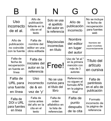 Bingo Normas Apa 7 Edición Bingo Card