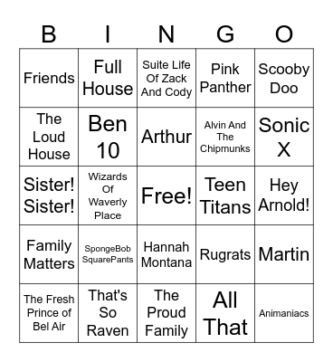 TV/Cartoon Theme Bingo Card