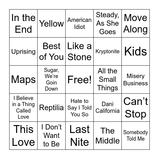 2000s Rock Bingo Card