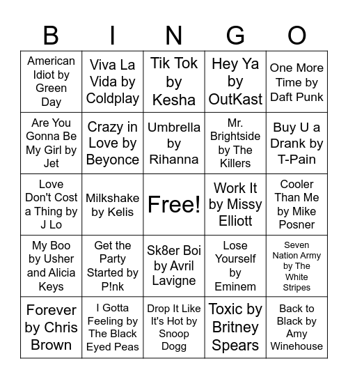 2000s Hits Bingo Card