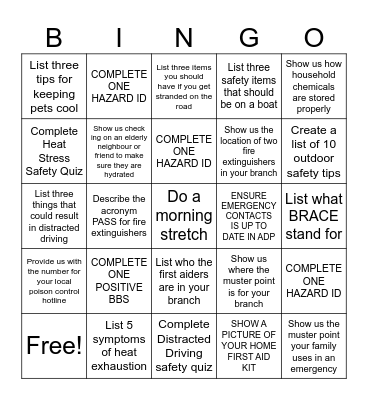 Summer Safety Bingo 1 Bingo Card