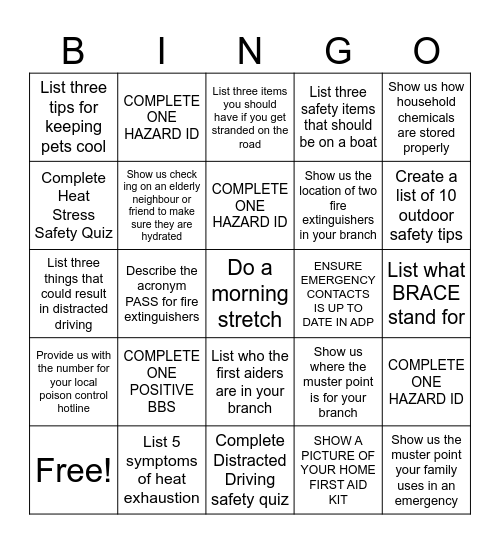 Summer Safety Bingo 1 Bingo Card