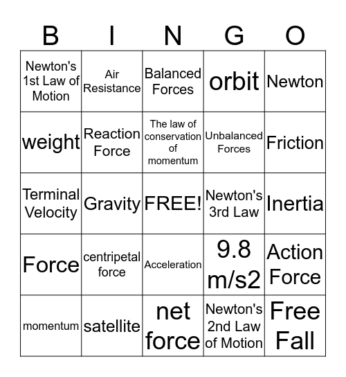 Newton's Laws Bingo Card