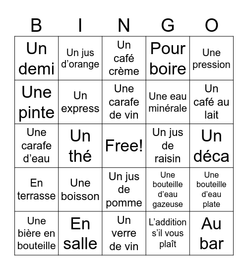 Les boissons Bingo Card