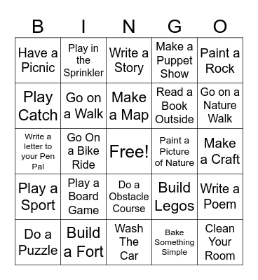 Summer Activity Bingo Card